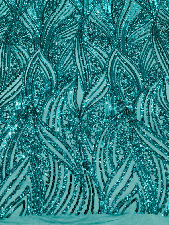 Teal Green Shiny Geometric Feather wing shiny sequin design on a 4 way stretch mesh Fabric-prom-sold by the yard.