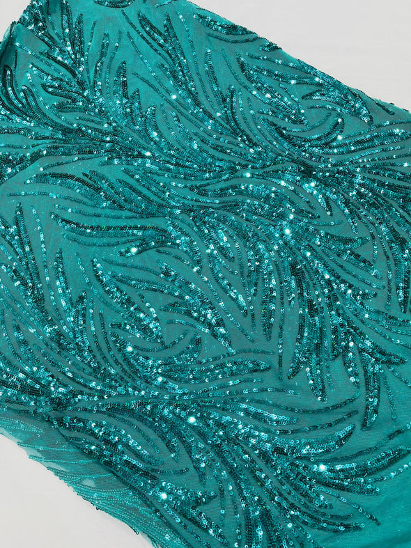 Teal Green Feather damask shiny sequin design on a 4 way stretch mesh Fabric-prom-Sold by the yard