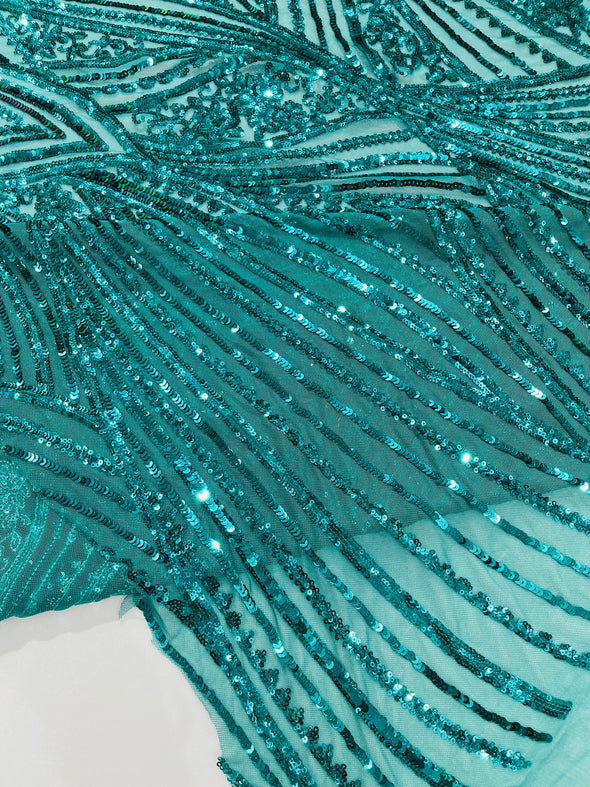 Teal Green Shiny Geometric Feather wing shiny sequin design on a 4 way stretch mesh Fabric-prom-sold by the yard.