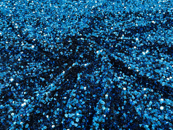 Turquoise-Black 54" Stretch Velvet with Luxury Sequins All Over 5mm Shining Sequins 2-Way Stretch. Sold by the yard.