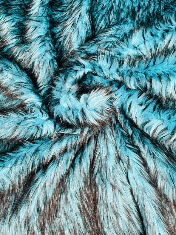 Turquoise-Black Husky Faux Fur, 2 Tone Shaggy Faux Fur 60" Wide.