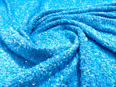 Turquoise-Blue 54" Stretch Velvet with Luxury Sequins All Over 5mm Shining Sequins 2-Way Stretch. Sold by the yard.