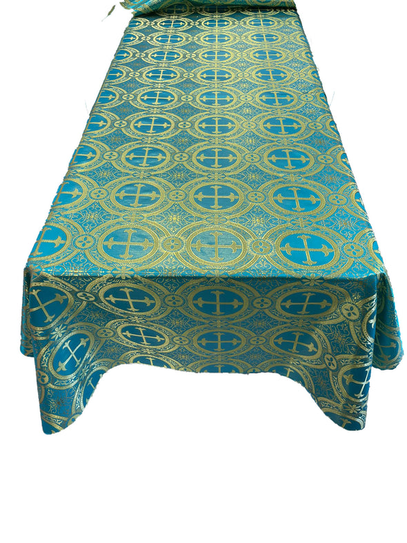 Turquoise Gold Rectangular Metallic Cross Brocade Jacquard Satin Table Overlay/Religious Brocade/Liturgical Fabric/Church.