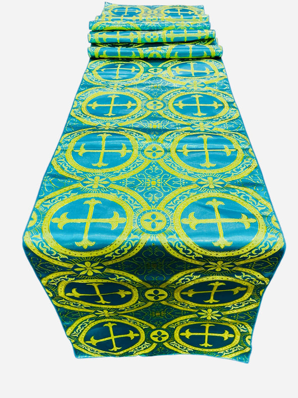 Turquoise Gold Religious Brocade Runner Tablecloth | Liturgical Fabric | Runner Ecclesiastical Jacquard | Church | Vestment-Cross Brocade.