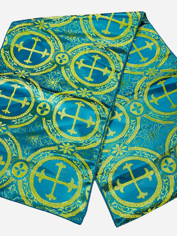 Turquoise Gold Religious Brocade Runner Tablecloth | Liturgical Fabric | Runner Ecclesiastical Jacquard | Church | Vestment-Cross Brocade.