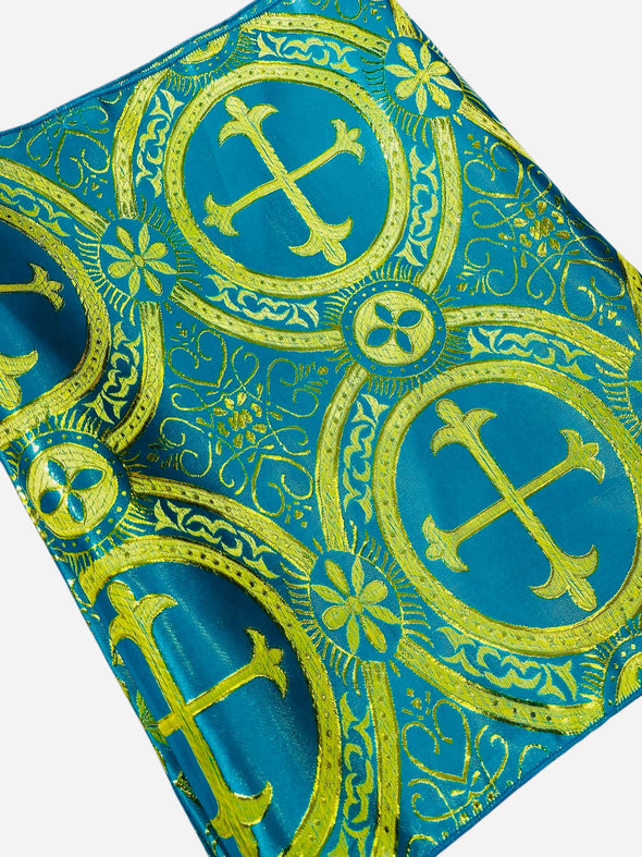 Turquoise Gold Religious Brocade Runner Tablecloth | Liturgical Fabric | Runner Ecclesiastical Jacquard | Church | Vestment-Cross Brocade.