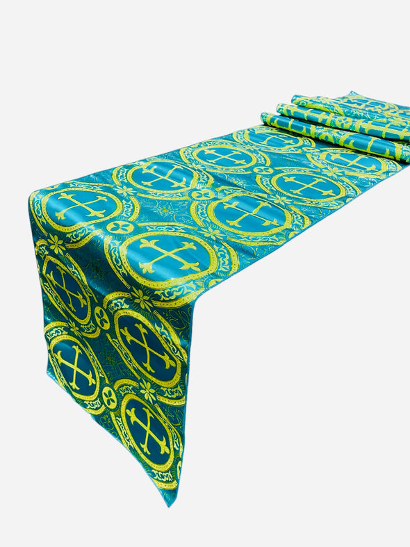 Turquoise Gold Religious Brocade Runner Tablecloth | Liturgical Fabric | Runner Ecclesiastical Jacquard | Church | Vestment-Cross Brocade.