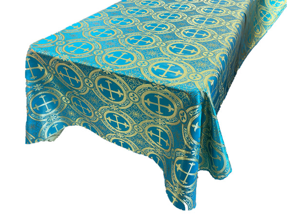 Turquoise Gold Square Metallic Cross Brocade Jacquard Satin Table Overlay/Religious Brocade/Liturgical Fabric/Church.