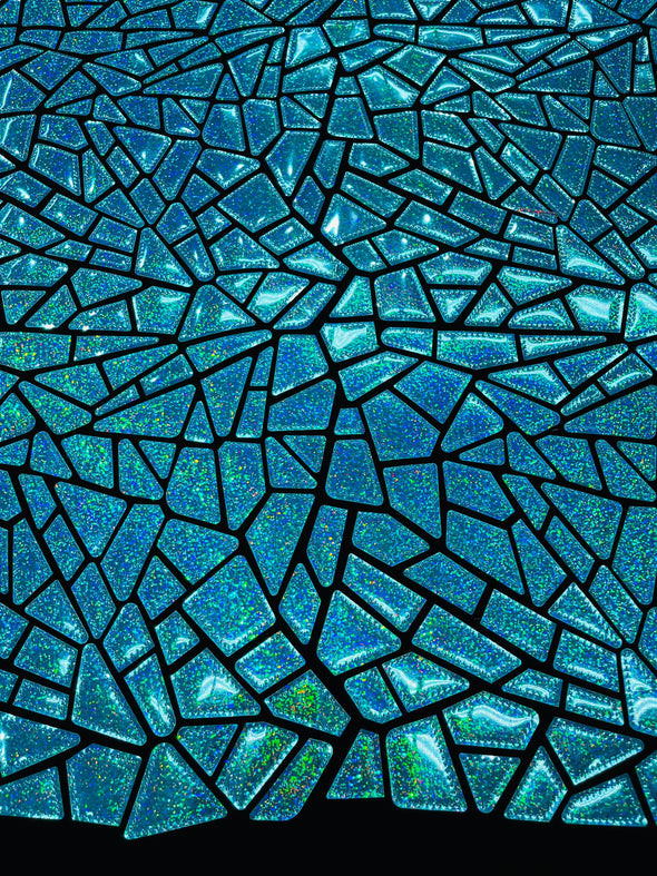 Turquoise Holographic Broken Glass Sequin Design/Geometric/ On Black Stretch Velvet Fabric Sold By The Yard