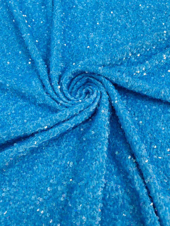 Turquoise-Holographic 54" Stretch Velvet with Luxury Sequins All Over 5mm Shining Sequins 2-Way Stretch. Sold by the yard.