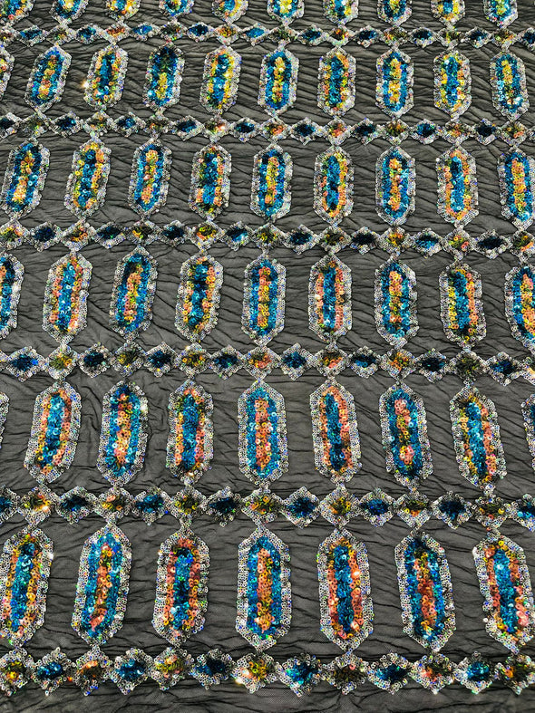 Turquoise Silver Multi Color Iridescent Jewel Sequin Design On a 4 Way Stretch Mesh Fabric - Sold By The Yard