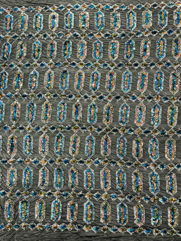 Multi Color Iridescent Jewel Sequin Design On a 4 Way Stretch Mesh Fabric - Sold By The Yard