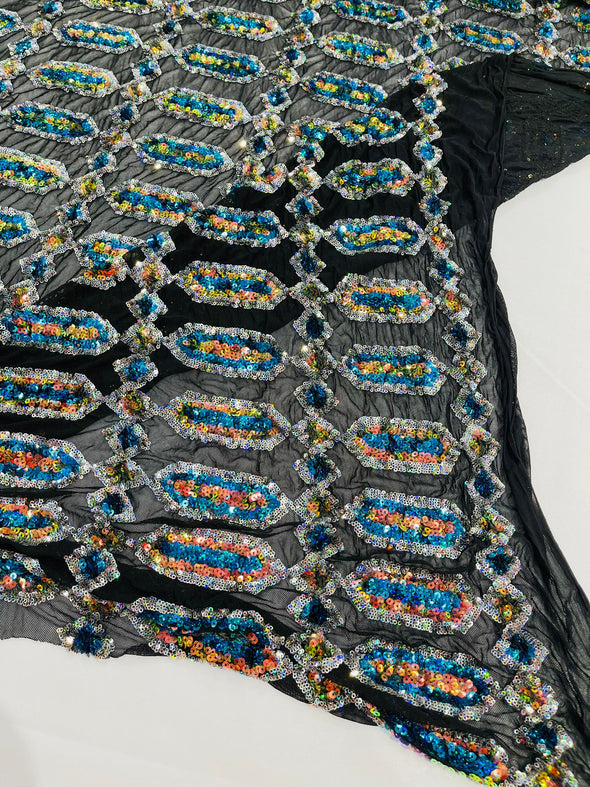 Turquoise Silver Multi Color Iridescent Jewel Sequin Design On a 4 Way Stretch Mesh Fabric - Sold By The Yard