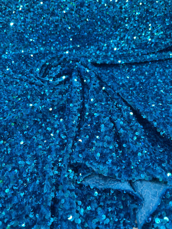 Turquoise 54" Stretch Velvet with Luxury Sequins All Over 5mm Shining Sequins 2-Way Stretch. Sold by the yard.