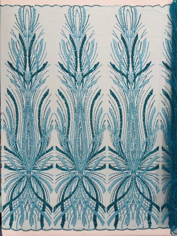 Palm Beaded Damask Design Fabric, Sold by The Yard.