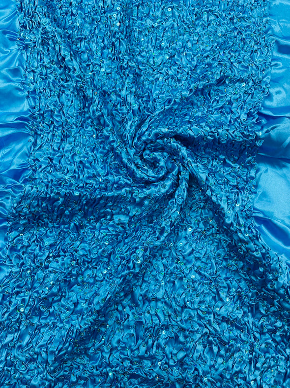 Pleated Stretch Satin Ruffle lace Trim With Hologram Sequin/24" Wide/Sold By The Yard.