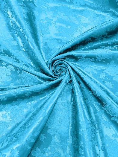 Turquoise Polyester Big Roses/Floral Brocade Jacquard Satin Fabric/ Cosplay Costumes, Table Linen- Sold By The Yard