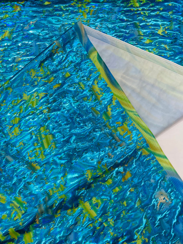 Splatter Foil Paint Metallic Print on a 4-way Stretch Tie Dye Nylon Spandex Tricot/Milliskin -Sold by the yard.