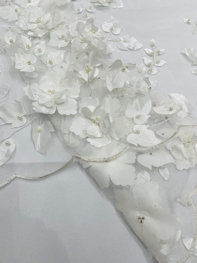 White Double Scalloped Orquidia 3D Floral Design Embroider and Beaded With Pearls On a Mesh Lace-Prom-Dresses-Apparel-Fashion SoldByYard