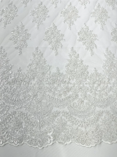 White Erin Diamond Beaded Metallic Floral Embroider On a Mesh Lace Fabric-Sold By The Yard
