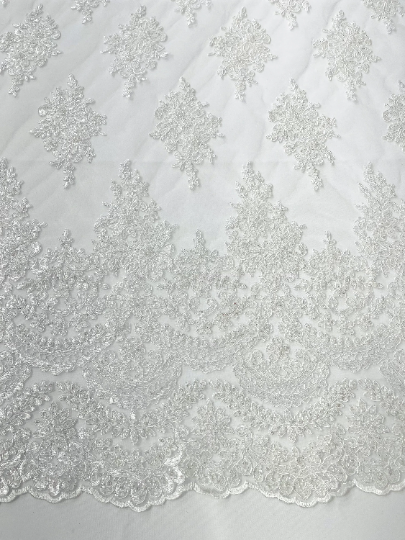 White Erin Diamond Beaded Metallic Floral Embroider On a Mesh Lace Fabric-Sold By The Yard