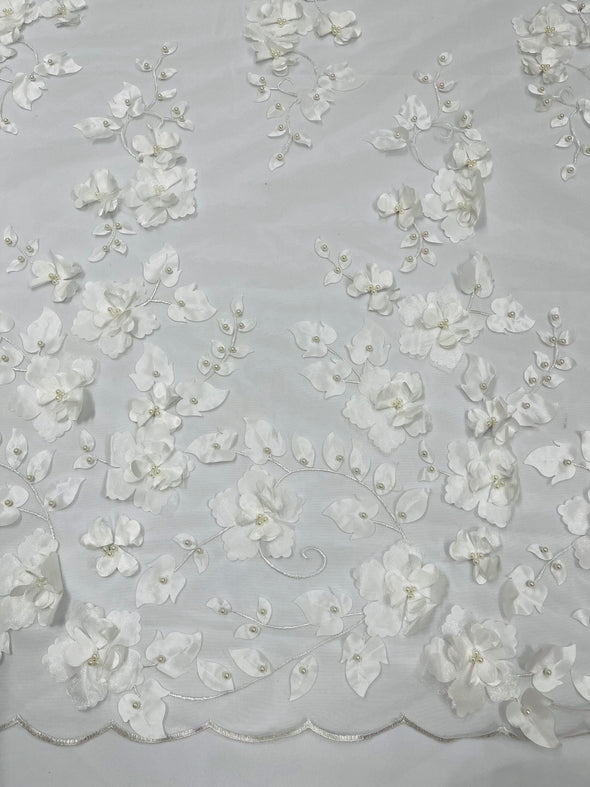 White Double Scalloped Orquidia 3D Floral Design Embroider and Beaded With Pearls On a Mesh Lace-Prom-Dresses-Apparel-Fashion SoldByYard
