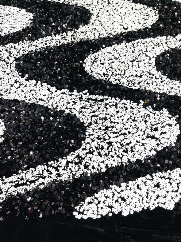 White-Black Sequin Wave Design stretch velvet all over 5mm shining sequins 2-way stretch, sold by the yard.