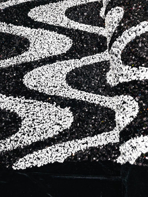 White-Black Sequin Wave Design stretch velvet all over 5mm shining sequins 2-way stretch, sold by the yard.