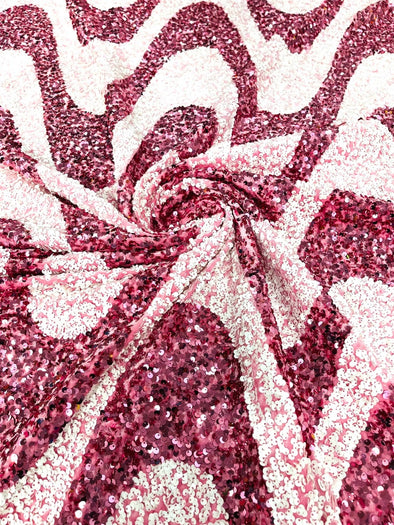 White-Dusty Rose Sequin Wave Design stretch velvet all over 5mm shining sequins 2-way stretch, sold by the yard.