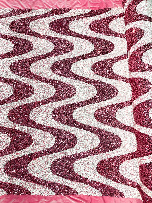 White-Dusty Rose Sequin Wave Design stretch velvet all over 5mm shining sequins 2-way stretch, sold by the yard.