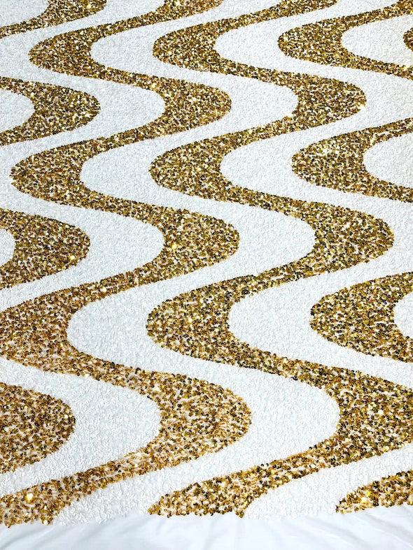 White-Gold Sequin Wave Design stretch velvet all over 5mm shining sequins 2-way stretch, sold by the yard.