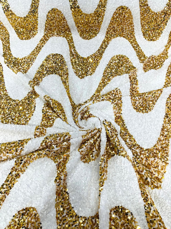 White-Gold Sequin Wave Design stretch velvet all over 5mm shining sequins 2-way stretch, sold by the yard.