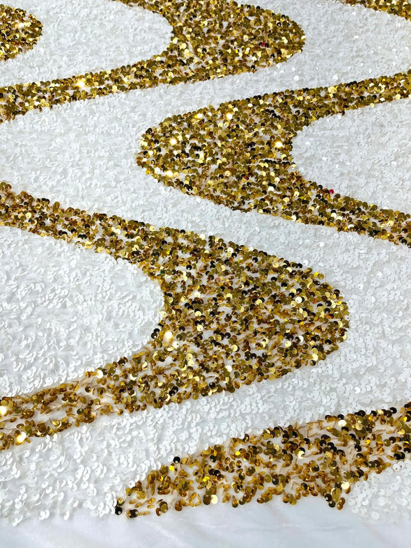 White-Gold Sequin Wave Design stretch velvet all over 5mm shining sequins 2-way stretch, sold by the yard.