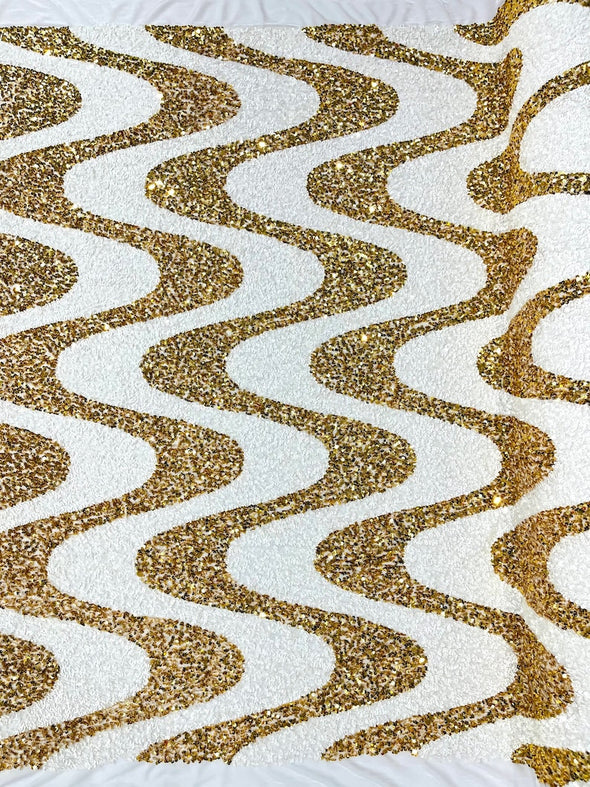 White-Gold Sequin Wave Design stretch velvet all over 5mm shining sequins 2-way stretch, sold by the yard.