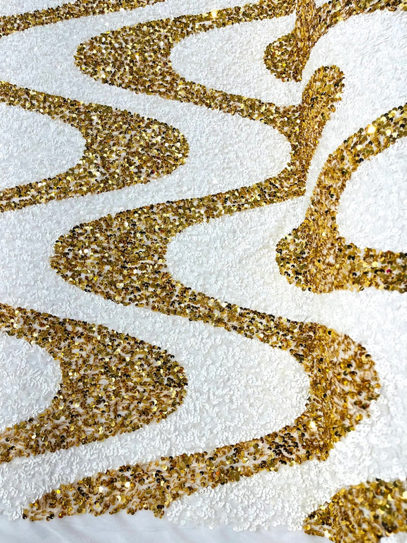 White-Gold Sequin Wave Design stretch velvet all over 5mm shining sequins 2-way stretch, sold by the yard.