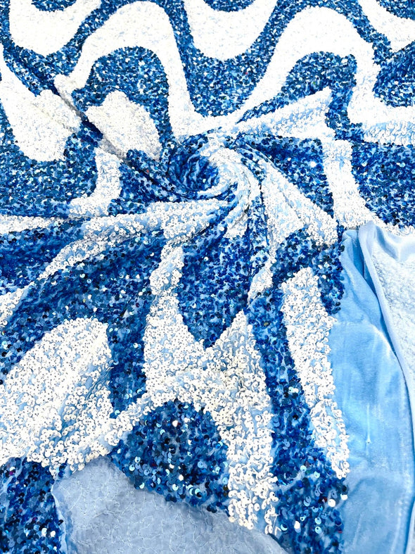 White-Light Blue Sequin Wave Design stretch velvet all over 5mm shining sequins 2-way stretch, sold by the yard.