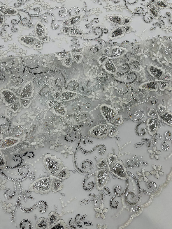 White-Silver Metallic Corded Lace/ Butterfly Design Embroidered With Sequin on a Mesh Lace Fabric