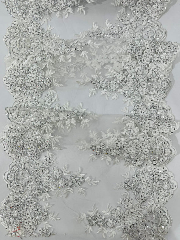 White 14"Wide Sequins Metallic Embroidered Lace on Mesh Fabric, Trim Lace, Table Runner. Sold By The Yard.