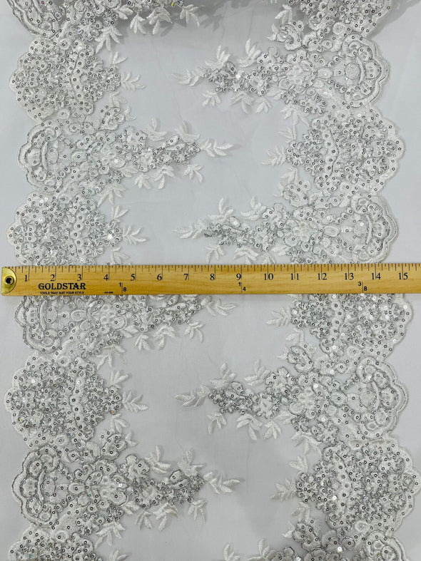 White 14"Wide Sequins Metallic Embroidered Lace on Mesh Fabric, Trim Lace, Table Runner. Sold By The Yard.