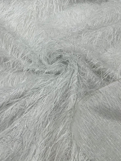 White/Silver Shaggy Jacquard Faux Ostrich/Eye Lash Feathers Sewing Fringe With Metallic Thread Fabric By The Yard