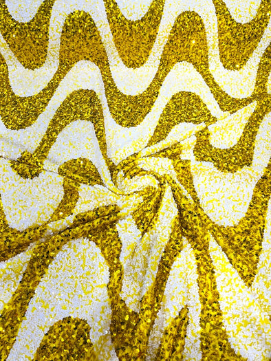 White- Yellow  Sequin Wave Design stretch velvet all over 5mm shining sequins 2-way stretch, sold by the yard.