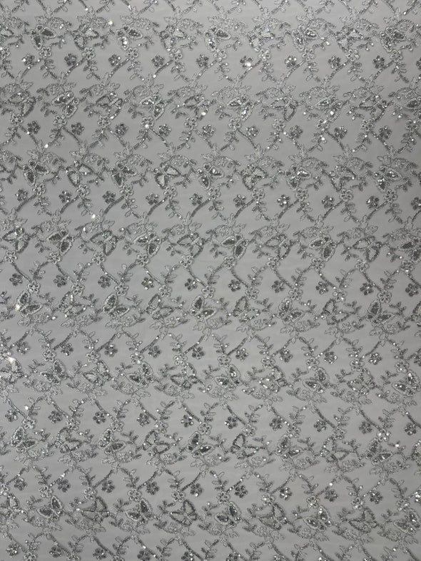 White Silver Corded Lace/Small Butterfly Design Embroidered with Sequin on a Mesh Lace Fabric.