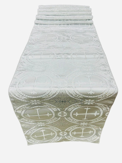 White Silver Gold Religious Brocade Runner Tablecloth | Liturgical Fabric | Runner Ecclesiastical Jacquard | Church | Vestment-Cross Brocade.