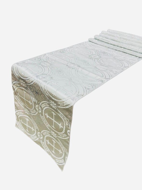 White Silver Gold Religious Brocade Runner Tablecloth | Liturgical Fabric | Runner Ecclesiastical Jacquard | Church | Vestment-Cross Brocade.