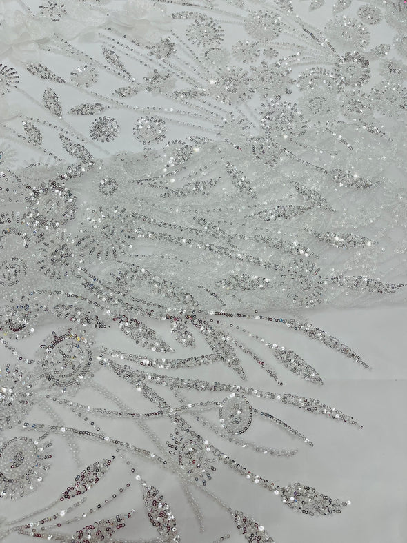 White Luxury 3D Floral/Butterfly Beaded Lace, Sold by The Yard.
