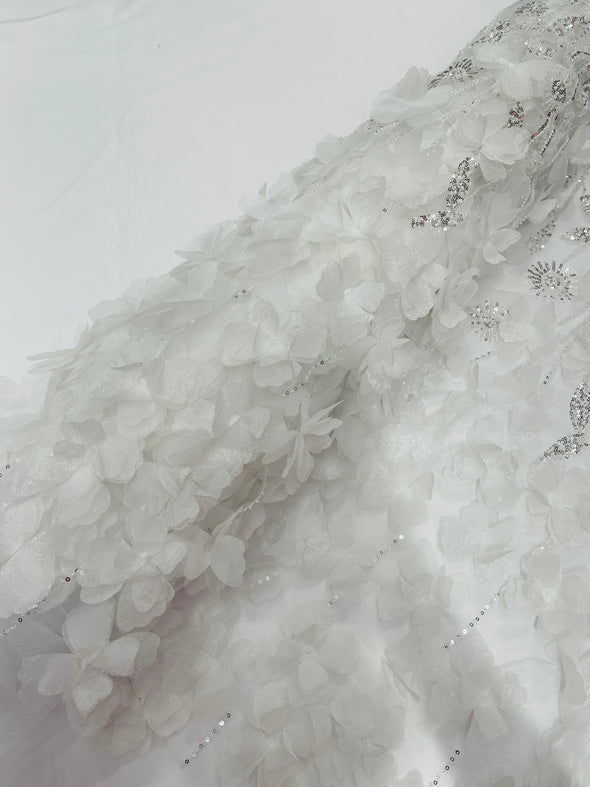 White Luxury 3D Floral/Butterfly Beaded Lace, Sold by The Yard.