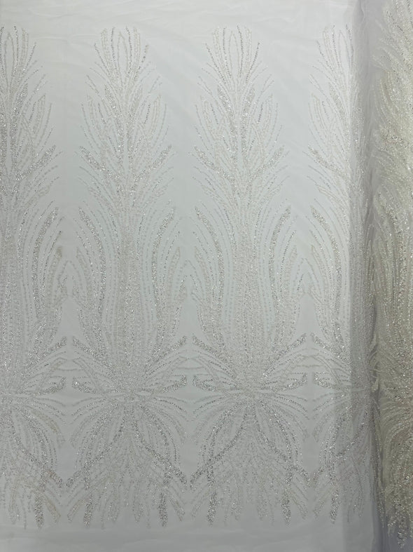 Palm Beaded Damask Design Fabric, Sold by The Yard.