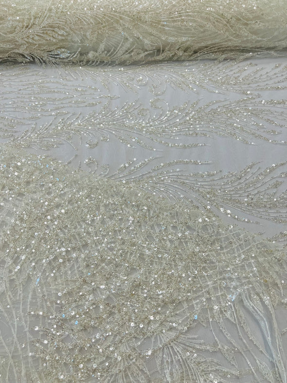 White Feathers damask embroider and heavy beaded on a mesh lace fabric- Sold by the yard