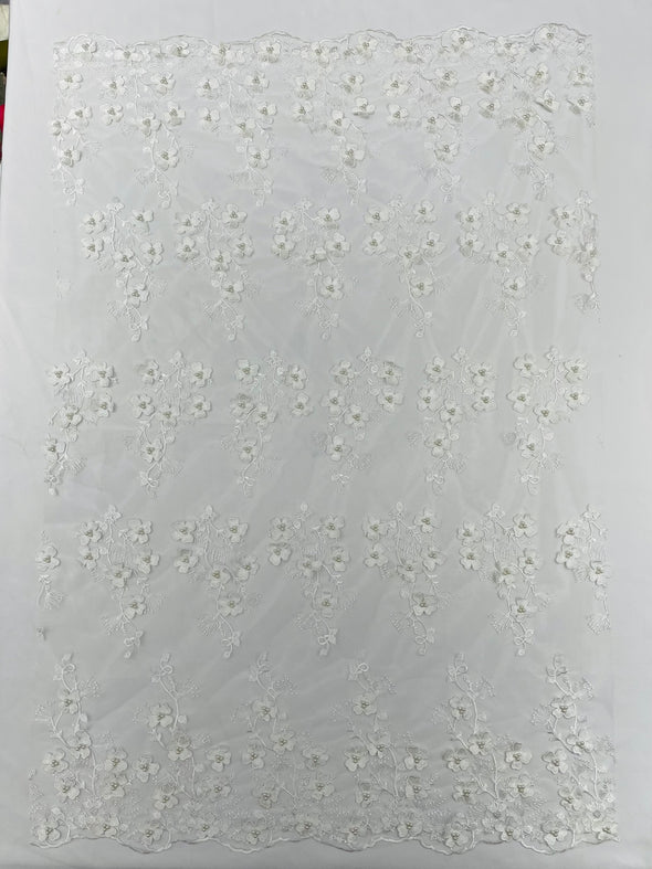 Multi Color 3D Floral Design Embroider with Pearls in a Mesh Lace -Sold by the yard.