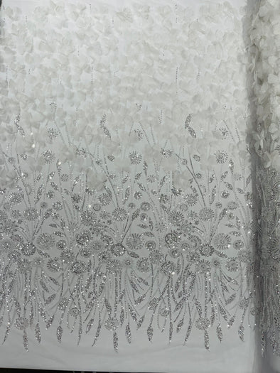 White Luxury 3D Floral/Butterfly Beaded Lace, Sold by The Yard.